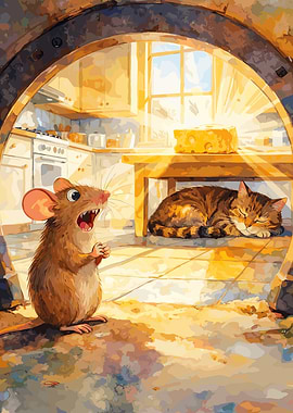 Mouse Scared of Sleeping Cat in Kitchen