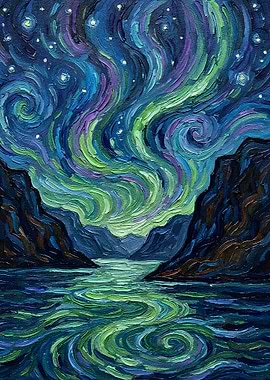 Aurora Borealis Over Mountains and Water