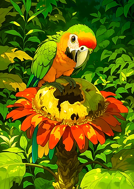 Parrot on a Giant Flower
