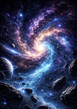 Cosmic Swirl Nebula with Planets and Asteroids