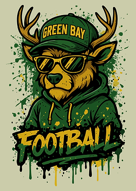 Cool Deer Football Poster, Green Bay Style Sports Wall Art, Graffiti Animal Print
