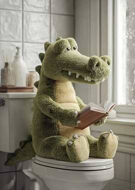 Plush Alligator Reading on Toilet