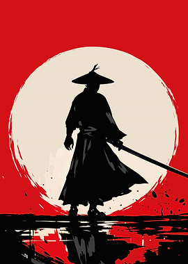 Samurai Silhouette Against Red Sun