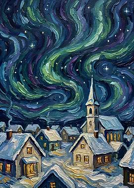 Aurora Borealis Over Snowy Village