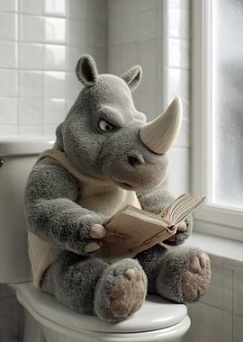 Rhino reading a book on a toilet