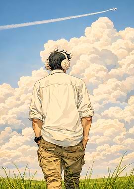 Man with headphones looking at plane