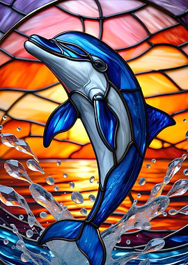 Stained Glass Dolphin at Sunset