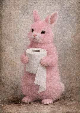 Pink Bunny Holding Toilet Paper