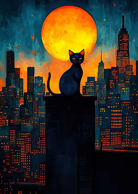 Black Cat on Rooftop Under Full Moon