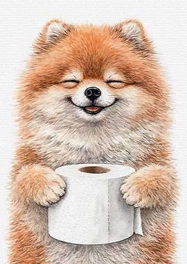 Happy Pomeranian with Toilet Paper