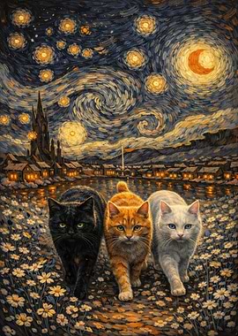 Cats Under Starry Night Sky
