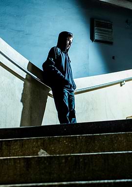 Teenager in Hoodie on Stairs