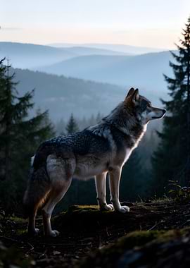 Wolf standing on a hill at sunset