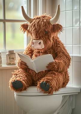 Highland Cow Reading on Toilet
