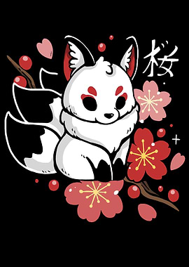 Cute Kitsune with Cherry Blossoms