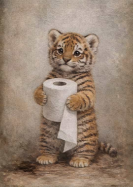 Tiger Cub Holding Toilet Paper