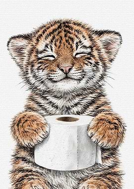 Cute Tiger Cub Holding Toilet Paper