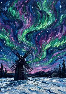 Windmill Under Northern Lights