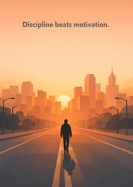 Man walking towards city at sunrise