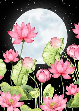 Pink Lotus Flowers Under the Moon