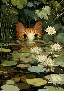 Orange Cat Peeking from Water Lilies