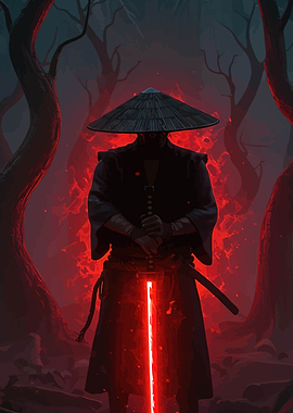 Samurai with glowing sword in forest