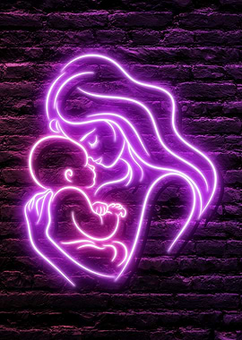 Neon Purple Loving Mom Gender Reveal Motherly Love with a Pink Female Baby Boy on dark brick wall background
