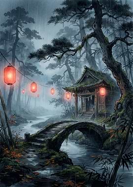 Misty Japanese Shrine in Rain