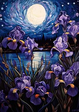 Moonlit Irises by the Water