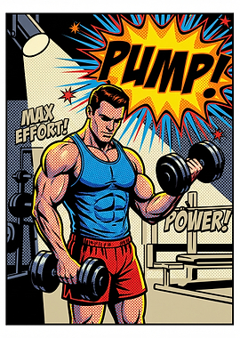 Bodybuilder lifting weights with comic book style