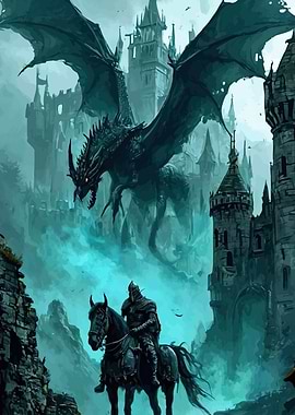 Dragon attacking a castle with a knight