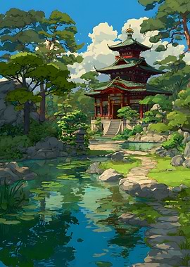 Tranquil Japanese Garden with Pagoda