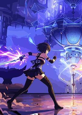 Anime Girl with Energy Sword in Futuristic City