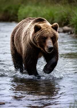 Grizzly Bear Wading in a Stream