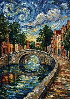 Impressionist Canal Bridge at Sunset