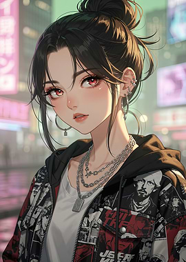 Anime Girl in City Night