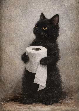 Black Cat Holding Toilet Paper