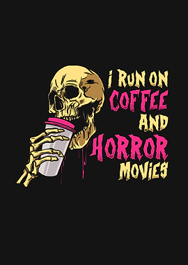 Skull drinking coffee and watching horror movies
