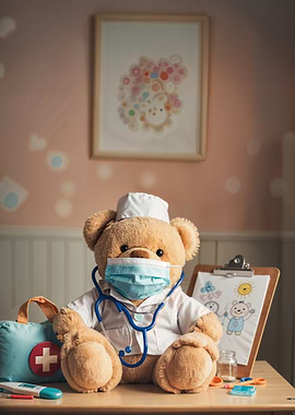 Teddy bear doctor with medical supplies