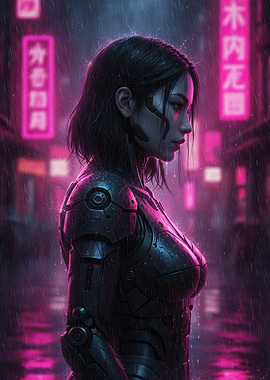 Cyberpunk Woman in Neon Rain