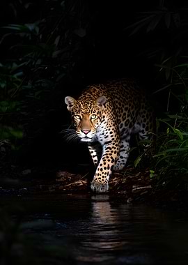 Leopard walking by water at night