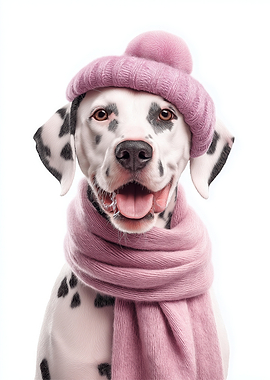 Dalmatian Dog Wearing Pink Winter Hat and Scarf