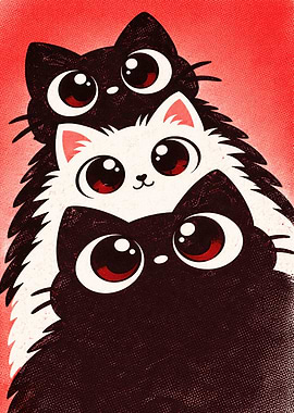 Three Cute Cartoon Cats Stacked