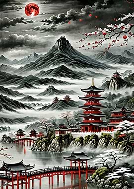 Mystical Asian Landscape with Pagodas