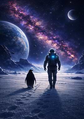 Astronaut and Penguin in Space