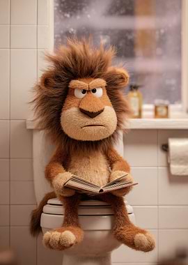Lion reading on a toilet