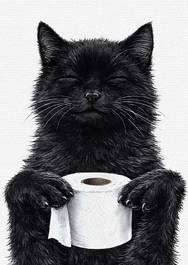 Black Cat Holding Toilet Paper