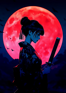 Samurai Anime Girl Under Blood Moon