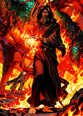 Wizard Conjuring Fire Beside Dragon