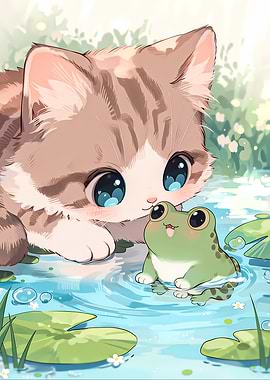 Cute Kitten and Frog by Water
